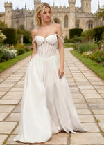 Tegan White Satin Prom Dress Corset | A-Line Off the Shoulder Slit Formal Dress