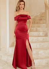 Teresa | Mermaid Burgundy Satin Long Bridesmaid Dress with Split Front and Off the Shoulder - Price #price_variant_lowest# - Burgundy - PromDressClub