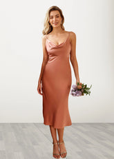 Thera | Sheath Column Slip Rose Satin Midi Bridesmaid Dress with Spaghetti Straps - Price #price_variant_lowest# - RosyBrown - PromDressClub