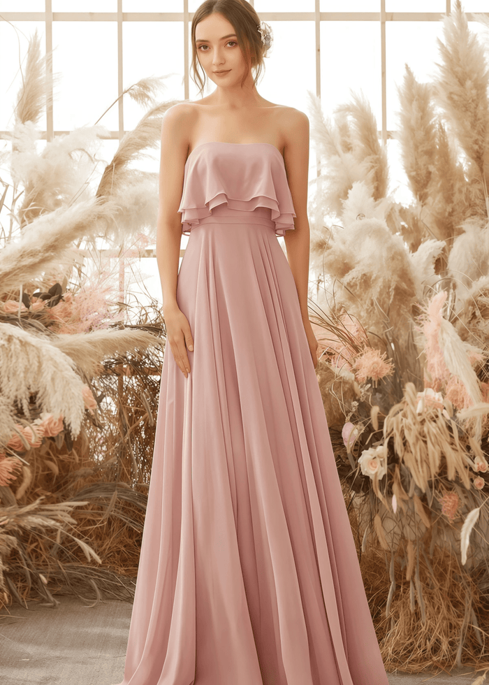 Ursula | A Line Strapless Blush Chiffon Maxi Bridesmaid Dress - Price #price_variant_lowest# - Blush - PromDressClub