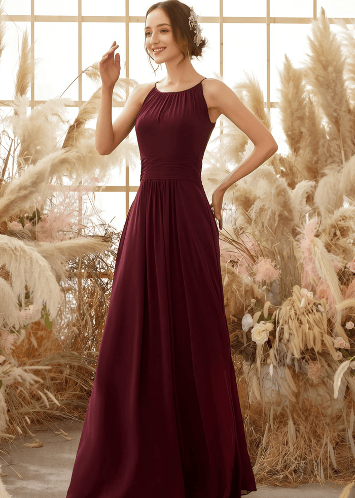 Valerie | A Line Elegant Corset Burgundy Chiffon Long Bridesmaid Dress - Price #price_variant_lowest# - Burgundy - PromDressClub