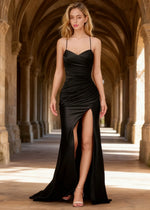 Wren Pleated Black Prom Dress with Slit | Column Spaghetti Strap V - Neck Satin Gown - Black - PromDressClub