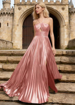 Xanthe Metallic Pink Prom Dress | A-Line Strappy Cutout Pleated Cocktail Dress with Slit