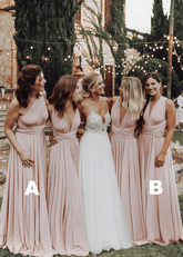 Xenia | Elegant Light Pink Corset Chiffon Maxi Bridesmaid Dress with V - Neck or One Shoulder - Price #price_variant_lowest# - Light Pink - PromDressClub