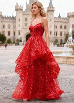 Yara Red Tulle Floral Jacquard Prom Dress | A - Line Spaghetti Strap V - Neck Ruffle Gown - US00 - PromDressClub