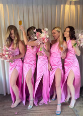 Yedda | Seriously Sensational Sheath Pleated Pink Satin Maxi Bridesmaid Dress with Slit and One Shoulder - Price #price_variant_lowest# - Hot Pink - PromDressClub