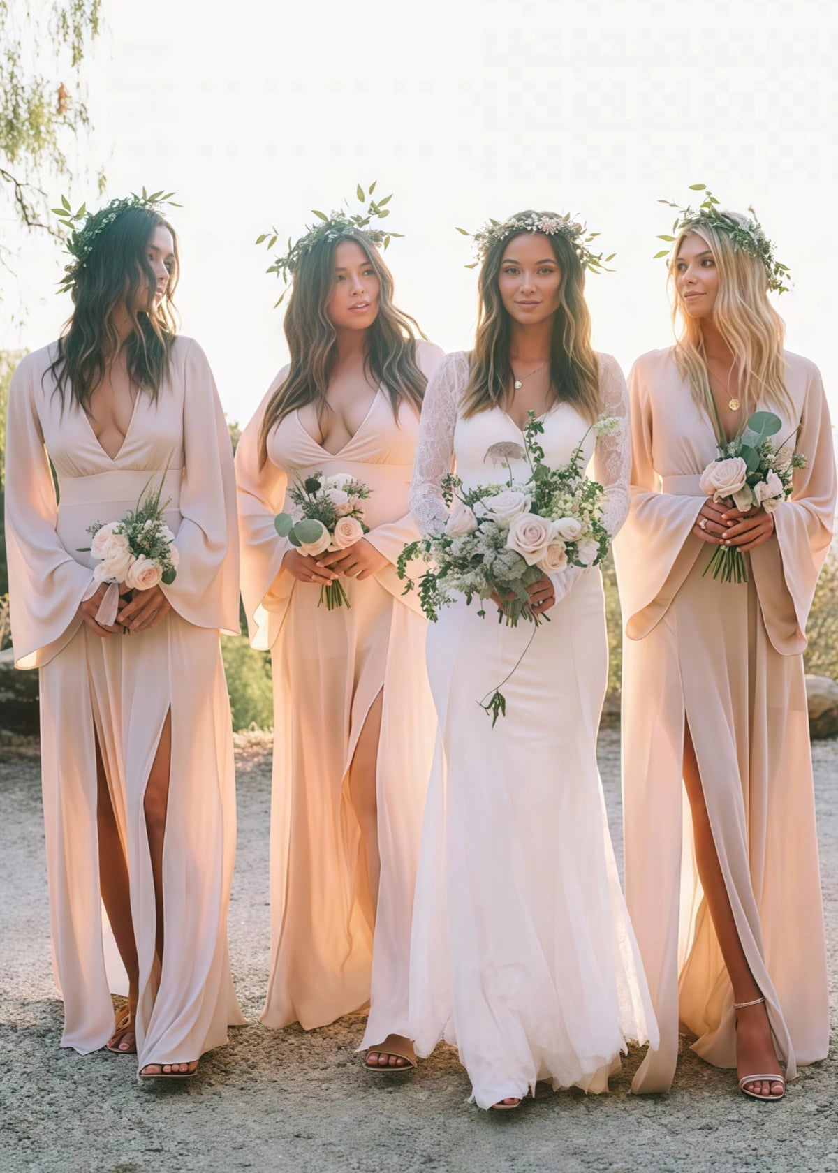 Zara | Boho Long Sleeves Light Pink Chiffon Maxi Bridesmaid Dress with A - Line and Deep V Neck - Price #price_variant_lowest# - Light Pink - PromDressClub