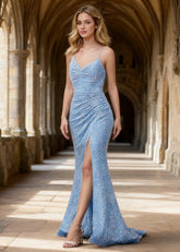 Zara Light Blue Velvet Sequins Prom Dress | Sheath Fitted Spaghetti Straps V - Neck Backless Pleated Dress with Slit - US0 - PromDressClub