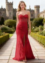 Zinnia Red Lace Beaded Strapless Prom Dress | Column Sweetheart Neckline Corset Formal Dress with Slit