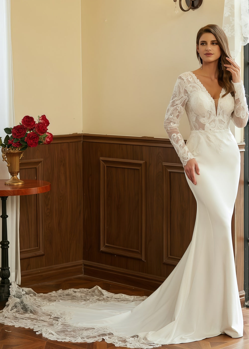 Kimberley | Long Sleeve Lace Mermaid V Neck Ivory Wedding Dress with Cathedral Train