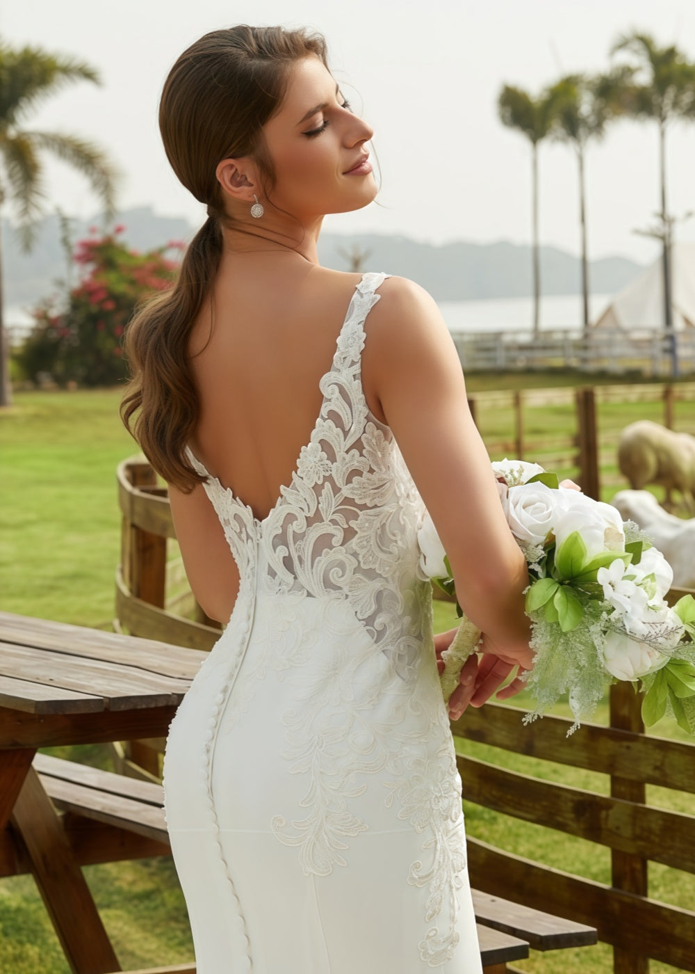 Kristin | Mermaid Scoop Neck Lace and Satin Wedding Dress with Long Train for Outdoor Weddings