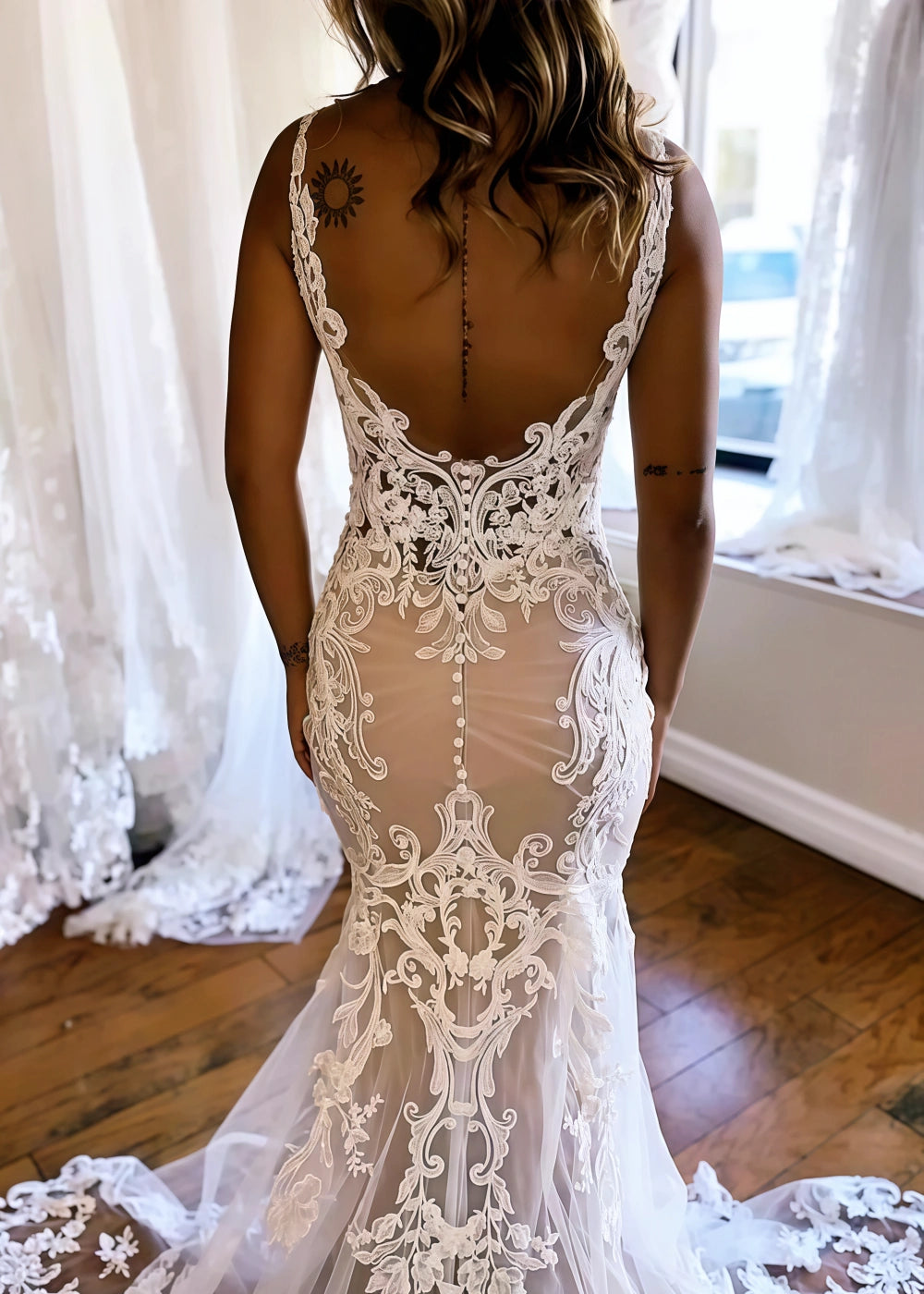 Lorraine | Stunning Mermaid Backless Lace Wedding Dress with Long Train - Perfect for Any Wedding!