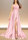 Alice | Black and Gold Corset Strapless Pleated Satin Formal Dress with Slit Color Pink