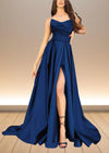 Alice | Black and Gold Corset Strapless Pleated Satin Formal Dress with Slit Color Navy Blue