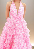 Audrey | Light Pink Floral Tulle Halter Neck Formal Dress Ruffles