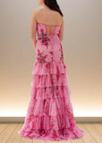 Aurora | Pink Floral Mermaid Sequin Strapless Ruffle Formal Dress with Slit