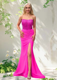 Bella | Mermaid Fuchsia Pleated Strapless Corset Beaded Formal Dress with Slit