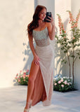 Cecilia | Stunning Champagne Strapless Beaded Formal Dress with Slit – Perfect for Unforgettable Moments