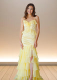 Shine Bright Yellow Flower Ruffle Chiffon Prom Dress with Slit –  Unforgettable Prom Nights