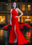 Eleanor | Stunning Red Satin Halter Neck Backless Formal Dress with Slit – Elevate Your Formal Event Style