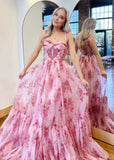 Emma | Charming Pink Floral Strapless Corset Prom Dress with Bow – Perfect for Unforgettable Moments