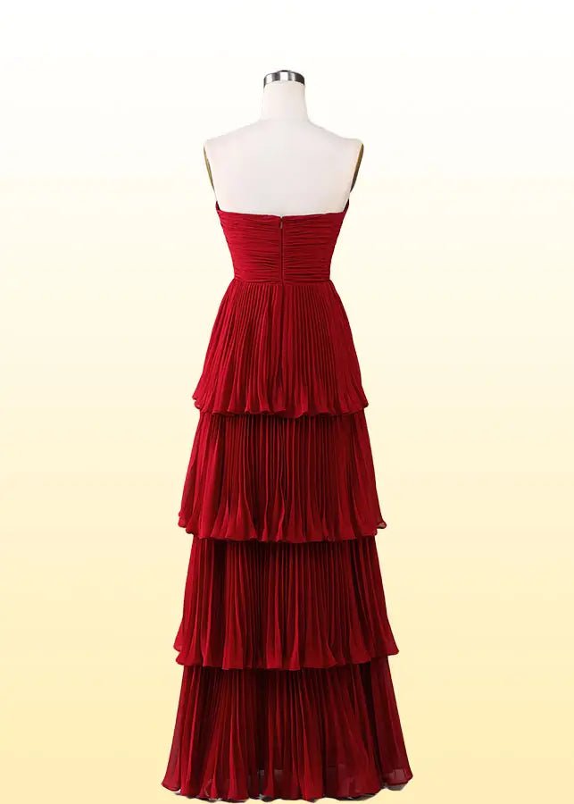 Judith | Green Prom Dress Long A Line Strapless Multi - Layer with Ruffle - Burgundy - PromDressClub