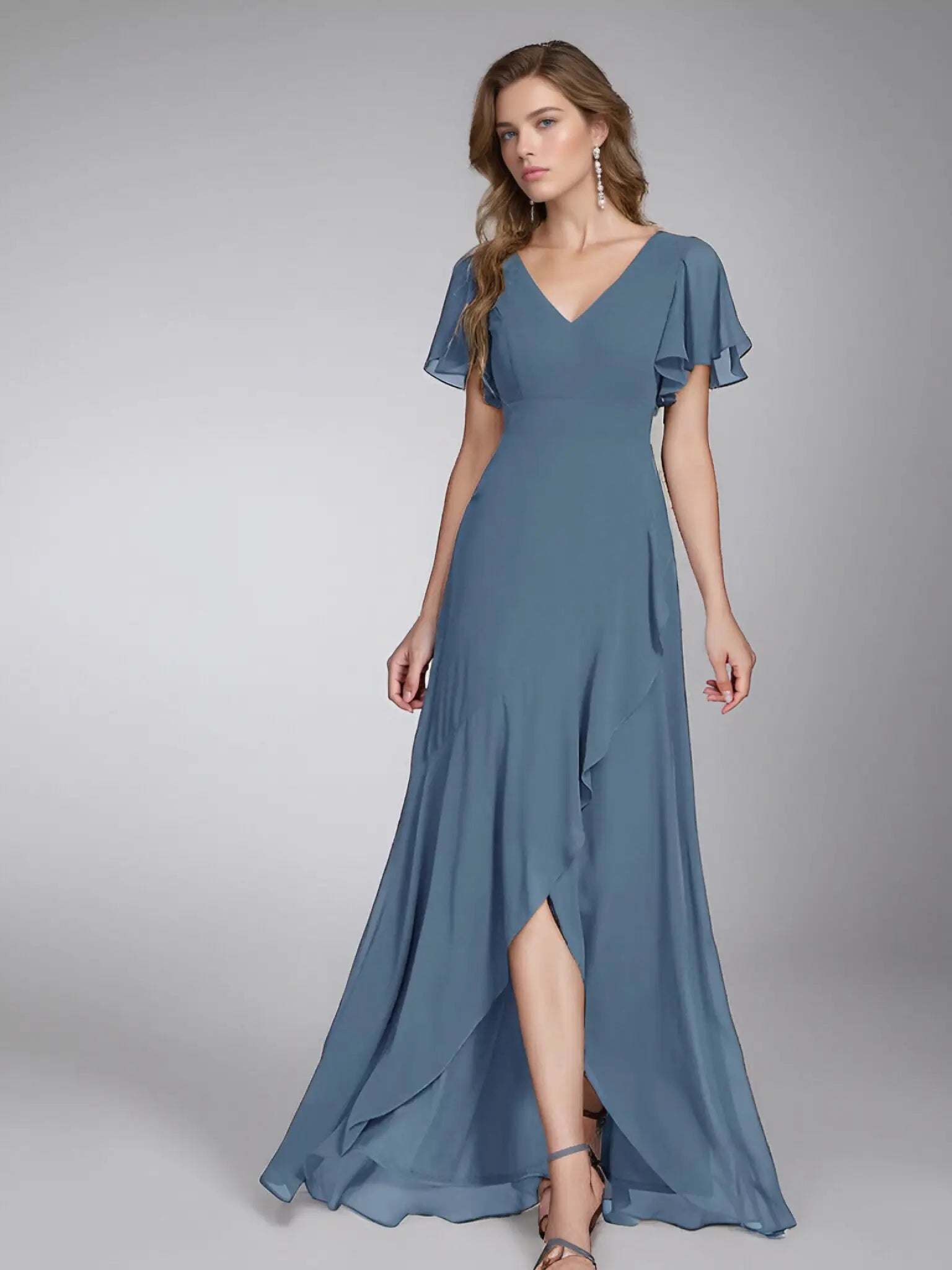 Theresa |A - Line V - Neck Floor - Length Chiffon Long Evening Dress With Cascading Ruffles - Dusty Navy - US0 - PromDressClub