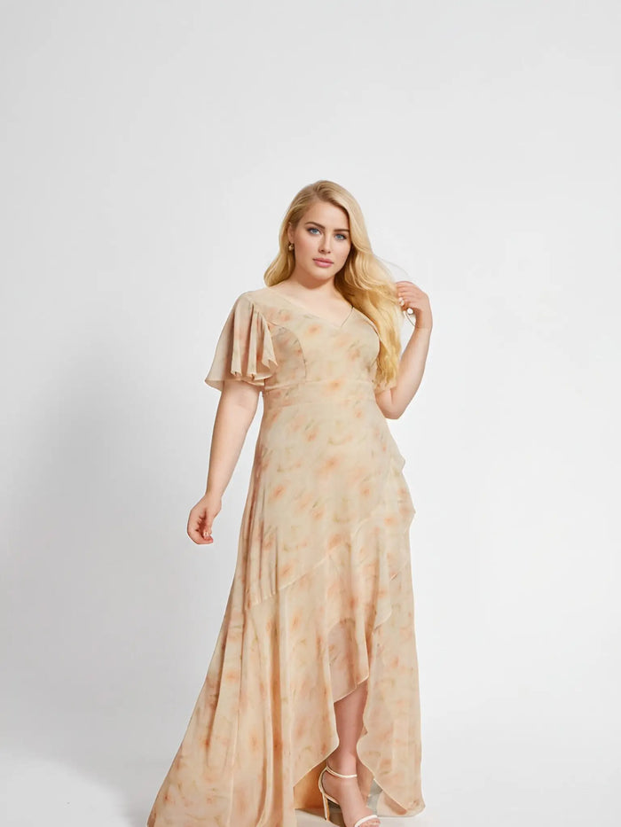 Theresa | Champagne and Royal Blue Plus Size A Line ruffle Prom Dress with Slit - Rose Gold - PromDressClub