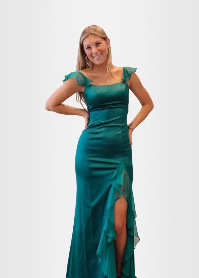 Kimberley | Emerald Green Prom Dress Long Mermaid Square Neck Ruffle Satin with Slit - Emerald Green - PromDressClub