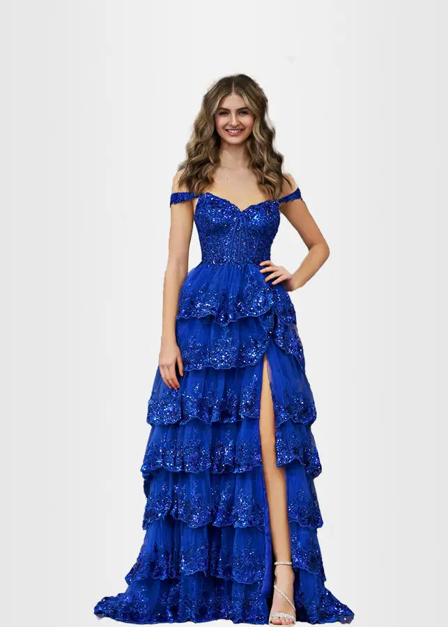 Lydia |Lace Ruffles A Line Blue Princess Off the Shoulder Prom Dress With Corset - Royal Blue - US0 - PromDressClub