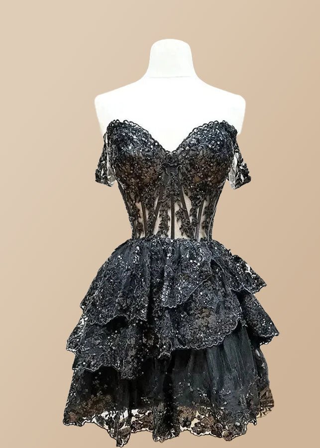 Gold Cocktail Dress Short Lace Cute Off Shoulder With Layered | PromDressClub