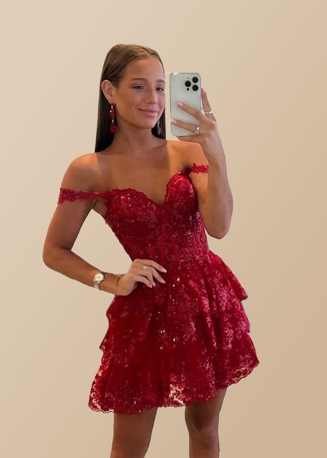 Gold Cocktail Dress Short Lace Cute Off Shoulder With Layered | PromDressClub