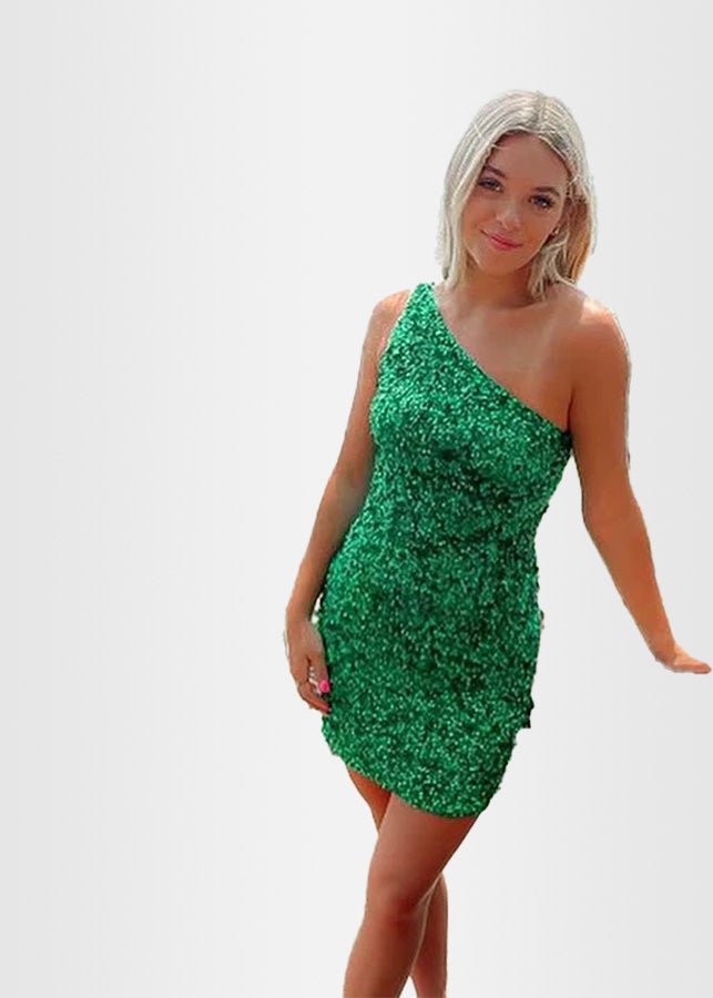 Lindsay |Orange Homecoming Dresses Short Long Sleeve One Shoulder Sequined - Green - PromDressClub