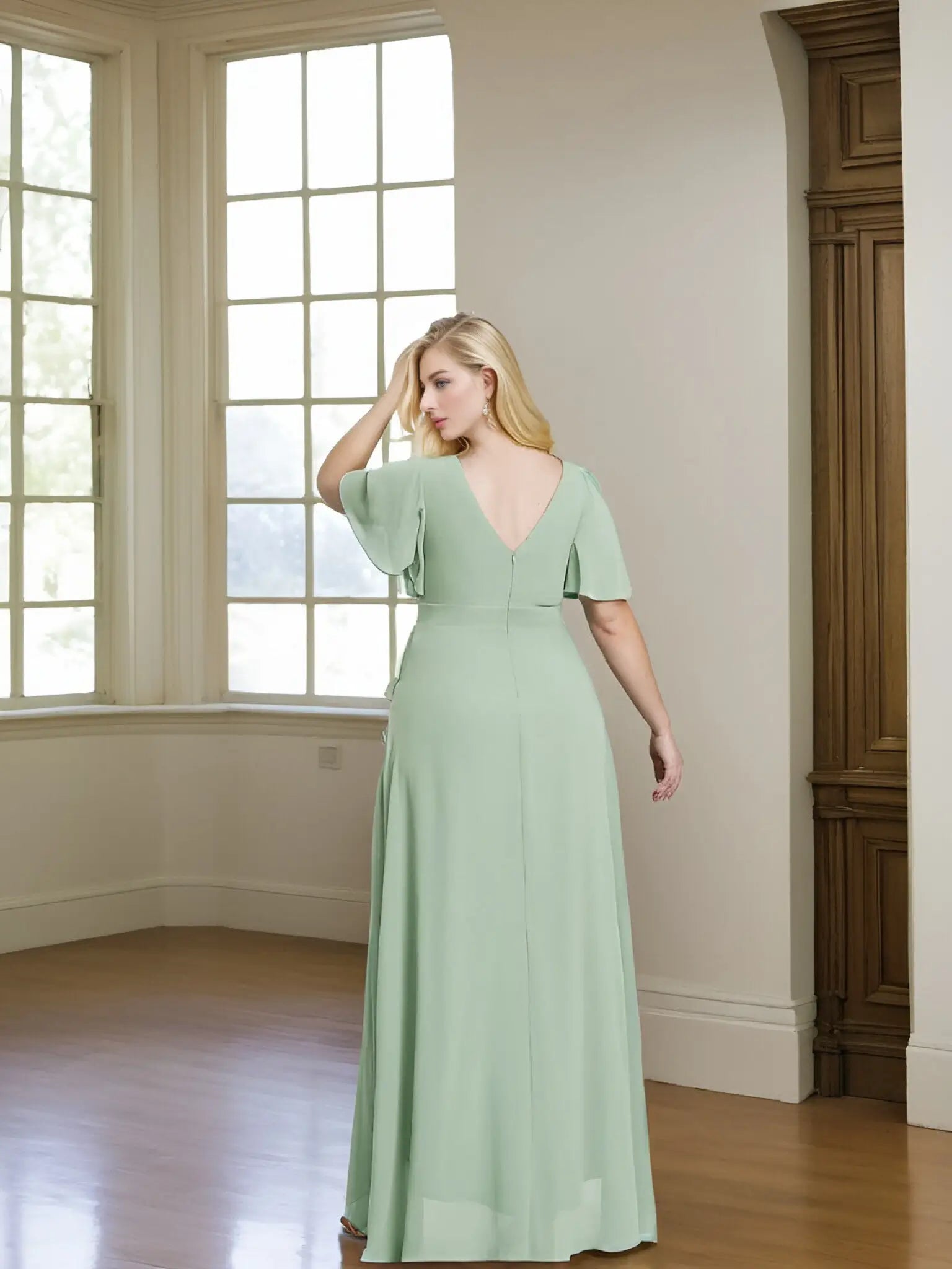 Theresa |A - Line V - Neck Floor - Length Chiffon Long Evening Dress With Cascading Ruffles - Mint Green - US0 - PromDressClub