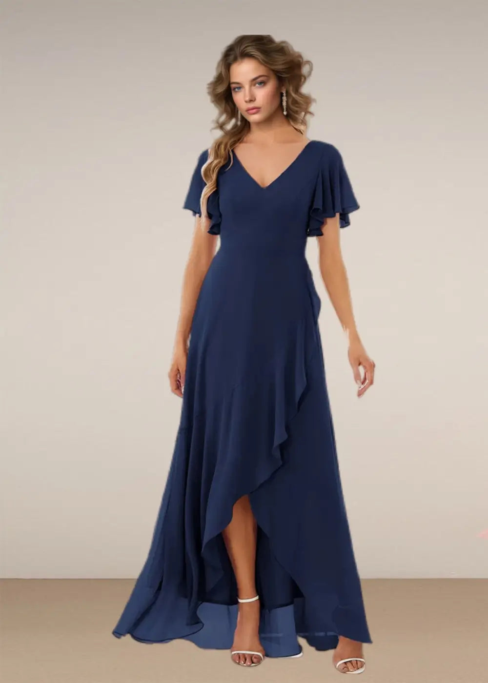 Theresa |A - Line V - Neck Floor - Length Chiffon Long Evening Dress With Cascading Ruffles - Navy Blue - US0 - PromDressClub