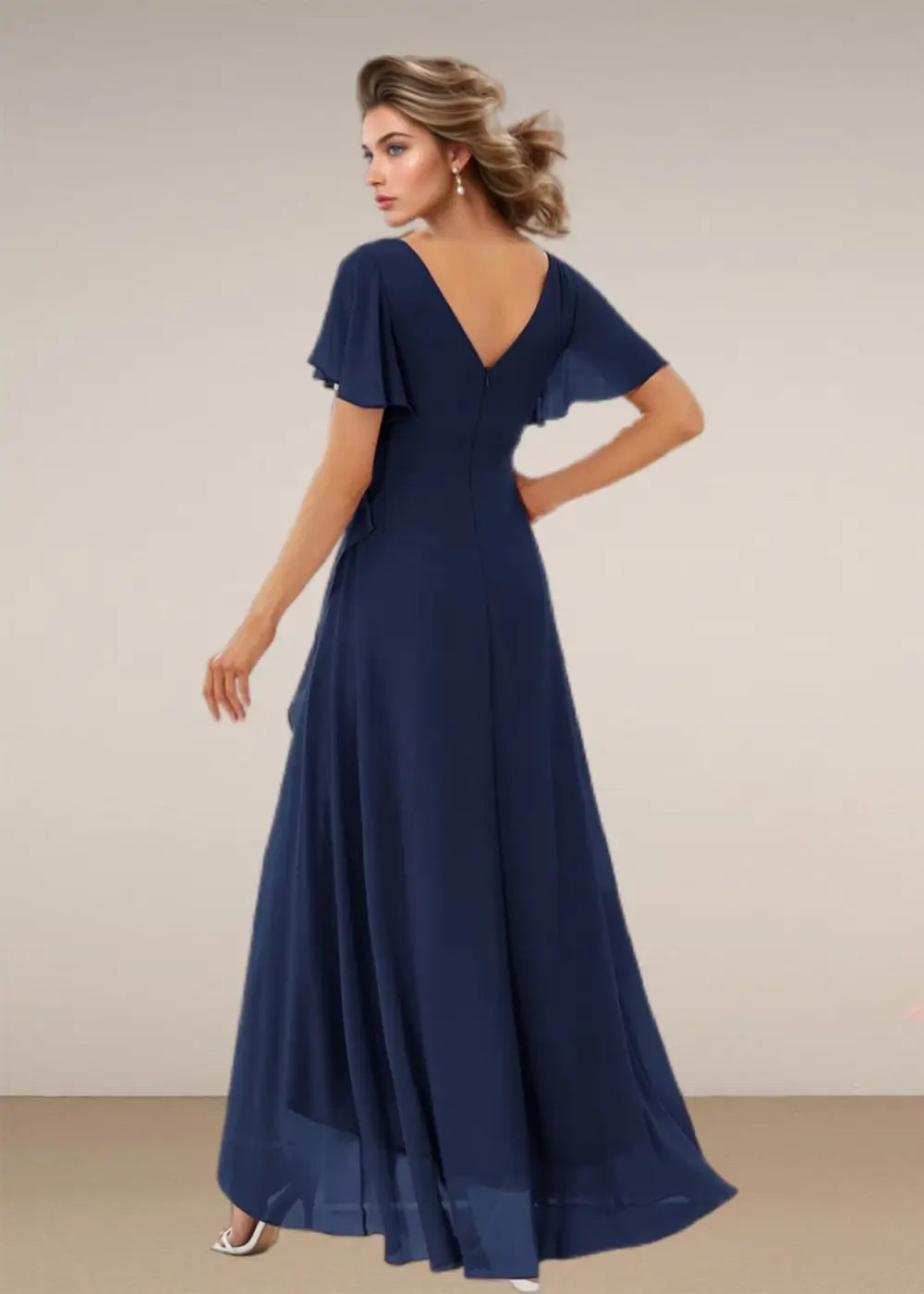 Theresa |A - Line V - Neck Floor - Length Chiffon Long Evening Dress With Cascading Ruffles - Navy Blue - US0 - PromDressClub