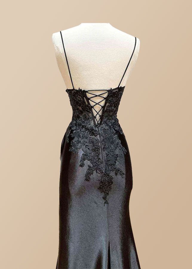 Kristin | Black Prom Dresses Long Mermaid V Neck Lace with High Slit - Black - PromDressClub