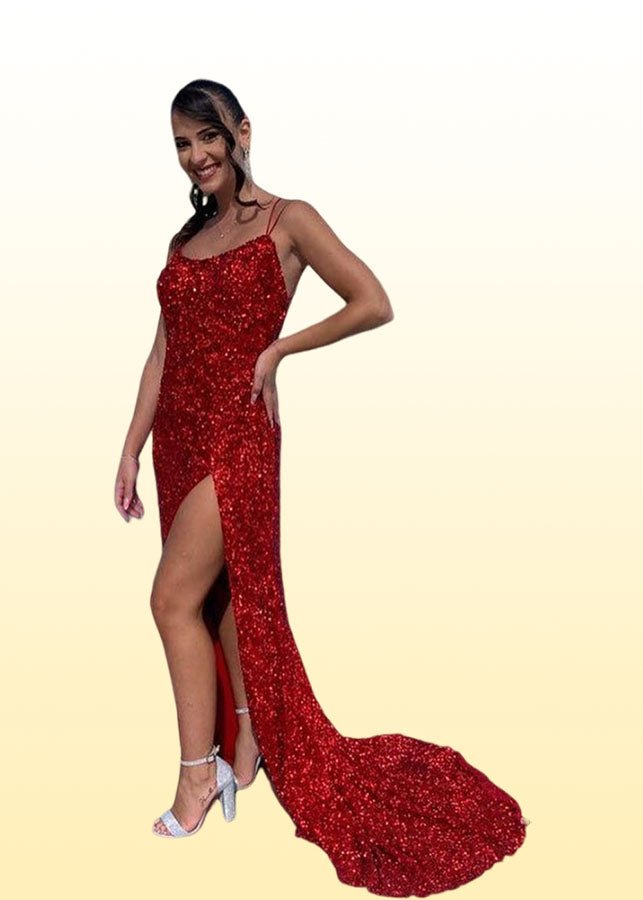 Julia | Royal Blue Prom Dresses Long Mermaid Sparkle Sequins Spaghetti Straps with Slit - Red - PromDressClub