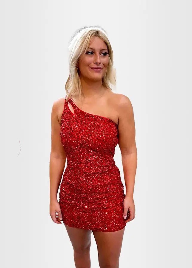 Modesty |Bodycon Stunning One Shoulder White Sequin Mini Dress - Red - PromDressClub