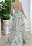 Evangeline | Elegant Ivory Floral A Line V neck Flower Prom Dress - Charming Back Design