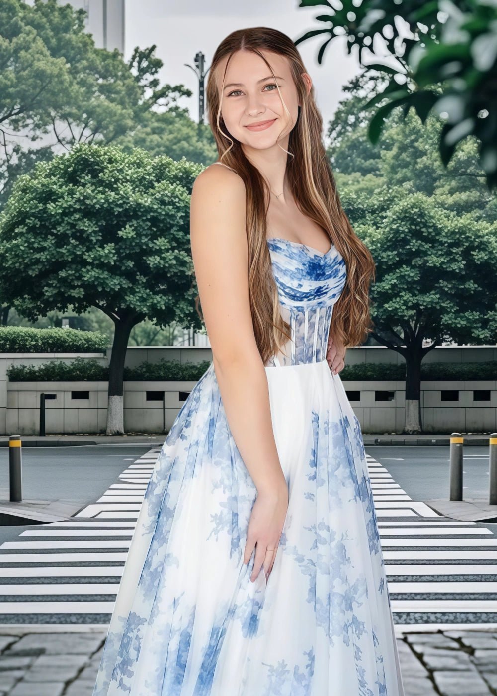 Camille | A Line Blue Floral Corset Strapless Maxi Formal Dress - Blue Floral - PromDressClub