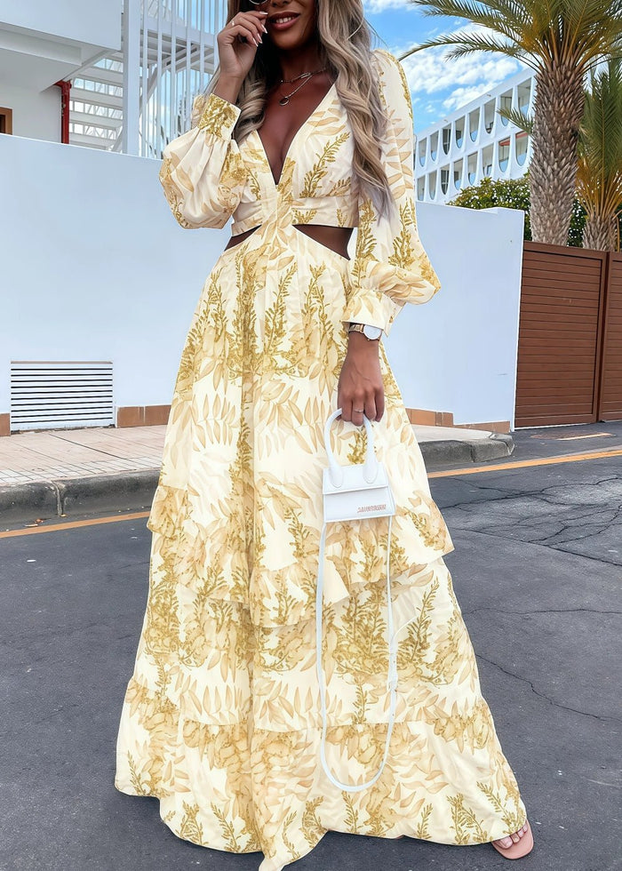 A Line Green Floral Long Sleeve V Neck Formal Dress with Ruffles - Champagne Floral - PromDressClub