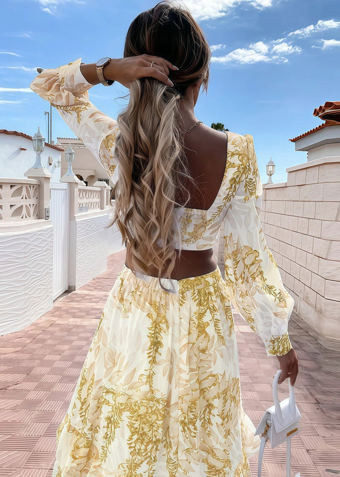 A Line Green Floral Long Sleeve V Neck Formal Dress with Ruffles - Champagne Floral - PromDressClub