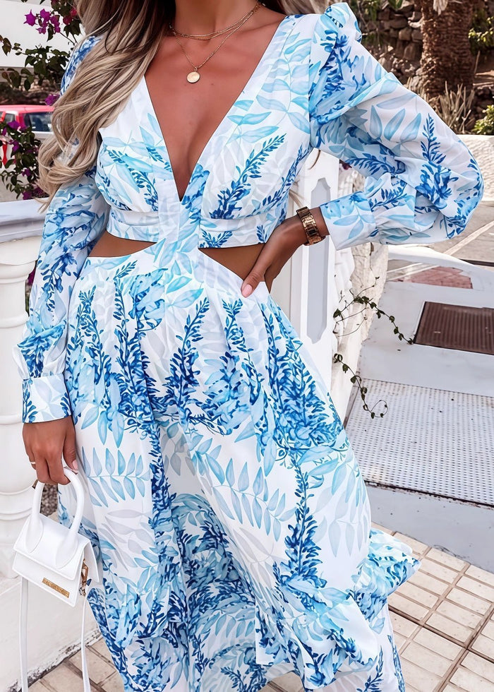 A Line Green Floral Long Sleeve V Neck Formal Dress with Ruffles - Light Blue Floral - PromDressClub