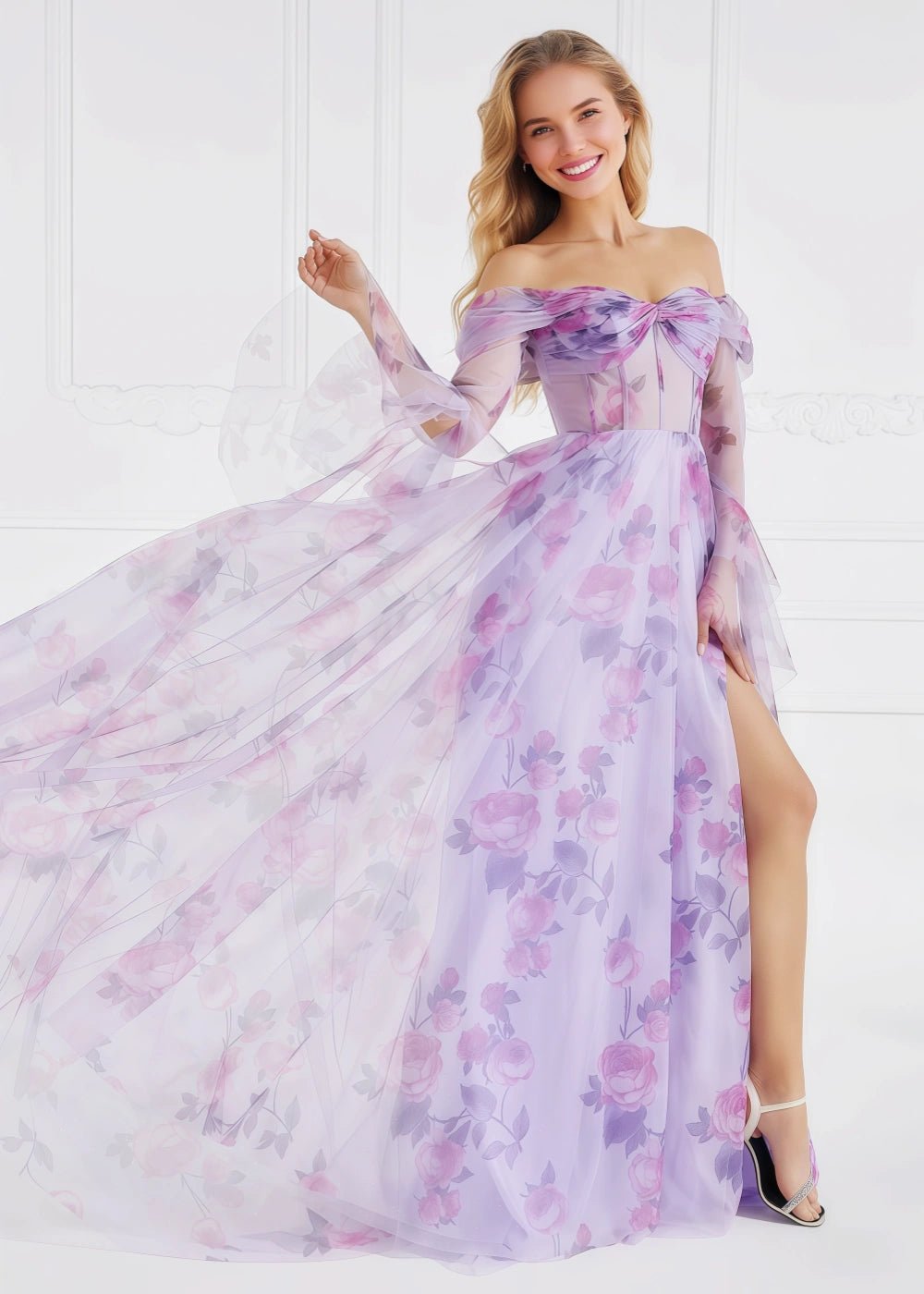 Adele | A Line Lavender Floral Off the Shoulder Formal Dress with Slit - Lavender Floral - PromDressClub