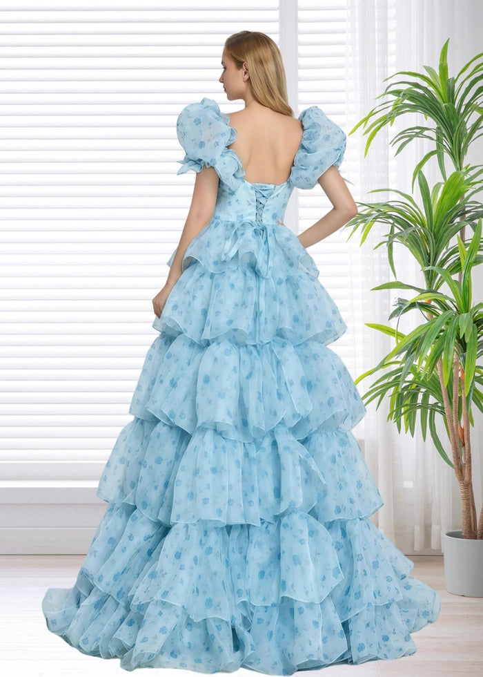 A Line Light Blue Floral Puff Sleeve Ruffle Maxi Formal Dress - Light Blue Floral - PromDressClub