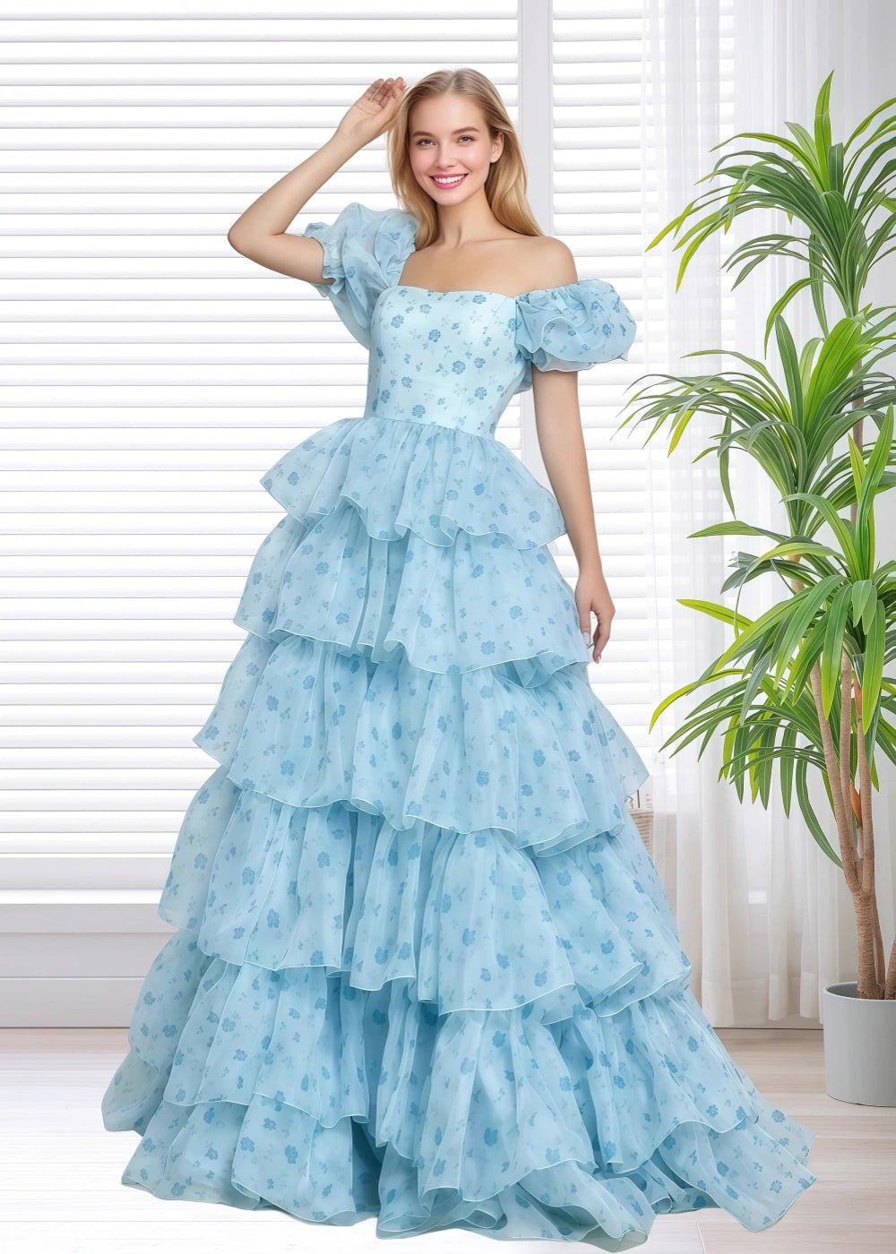 A Line Light Blue Floral Puff Sleeve Ruffle Maxi Formal Dress - Light Blue Floral - PromDressClub