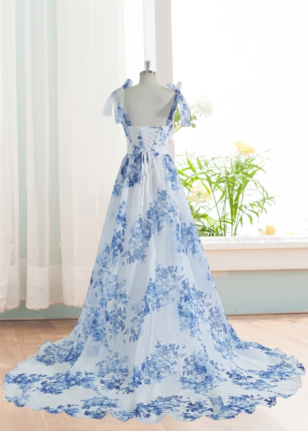 Alice | A Line Light Blue White Floral Corset Formal Dress with Bow - Light Blue Floral - PromDressClub