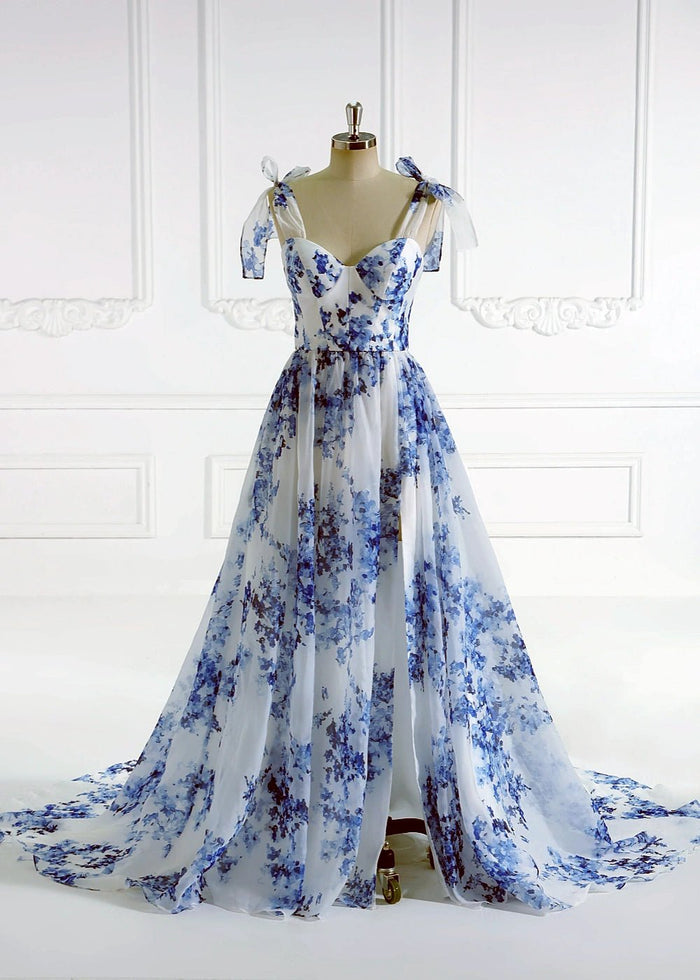 Alice | A Line Light Blue White Floral Corset Formal Dress with Bow - Light Blue Floral - PromDressClub