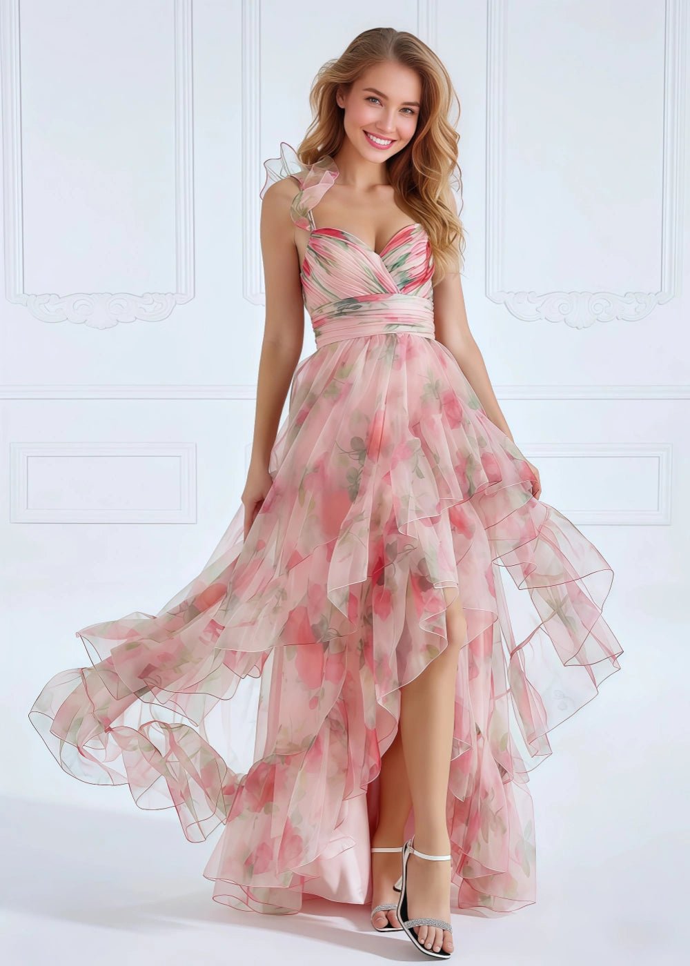 A Line Light Pink Floral High Low Formal Dress - Light Pink Floral - PromDressClub